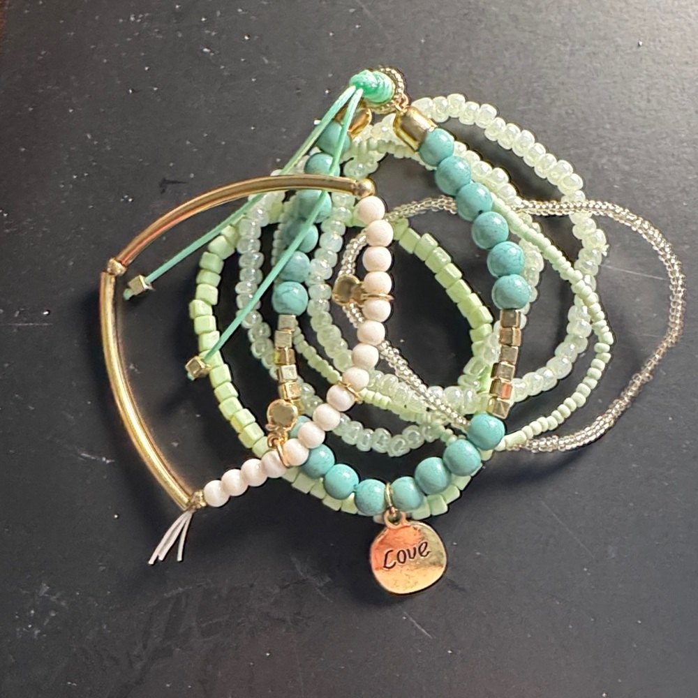Turquoise and Gold Beaded Bracelet Set 7 bracelets